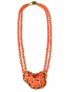Vintage Carved Coral Necklace Double Strand Beads Gold Plated